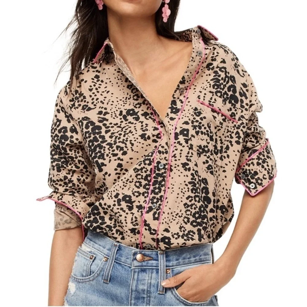 J. Crew Button-up Shirt in Leopard Print Ashen Black Long Sleeve